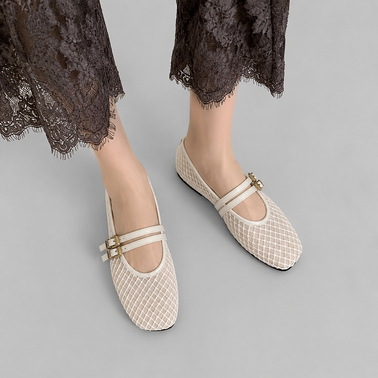 NORVK | Beige Classic Double Strap Mesh Mary Jane Ballet Shoes