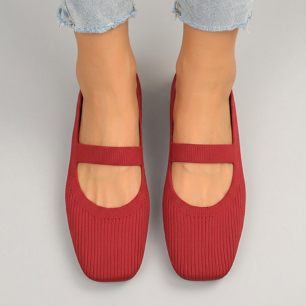 Andrea | Women’s Elegant Square-Toe Flats – Slip-On Knit Fabric Shoes with Straight Strap