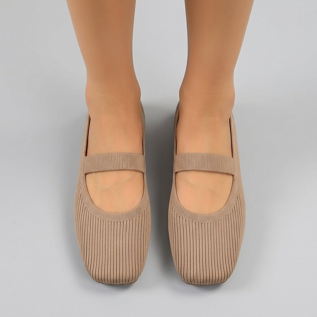 Andrea | Women’s Elegant Square-Toe Flats – Slip-On Knit Fabric Shoes with Straight Strap