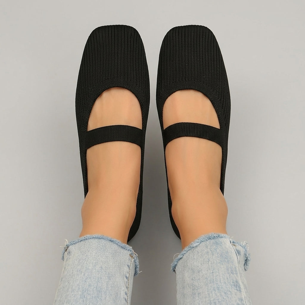 Andrea | Women’s Elegant Square-Toe Flats – Slip-On Knit Fabric Shoes with Straight Strap