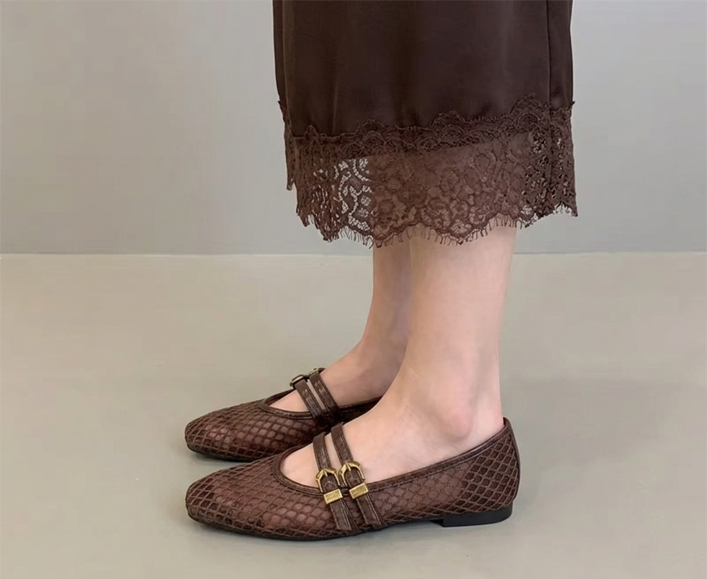 NORVK | Brown Classic Double Strap Mesh Mary Jane Ballet Shoes