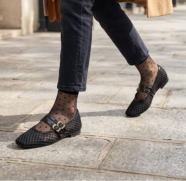 NORVK | Black Classic Double Strap Mesh Mary Jane Ballet Shoes