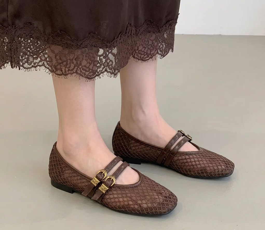 NORVK | Brown Classic Double Strap Mesh Mary Jane Ballet Shoes