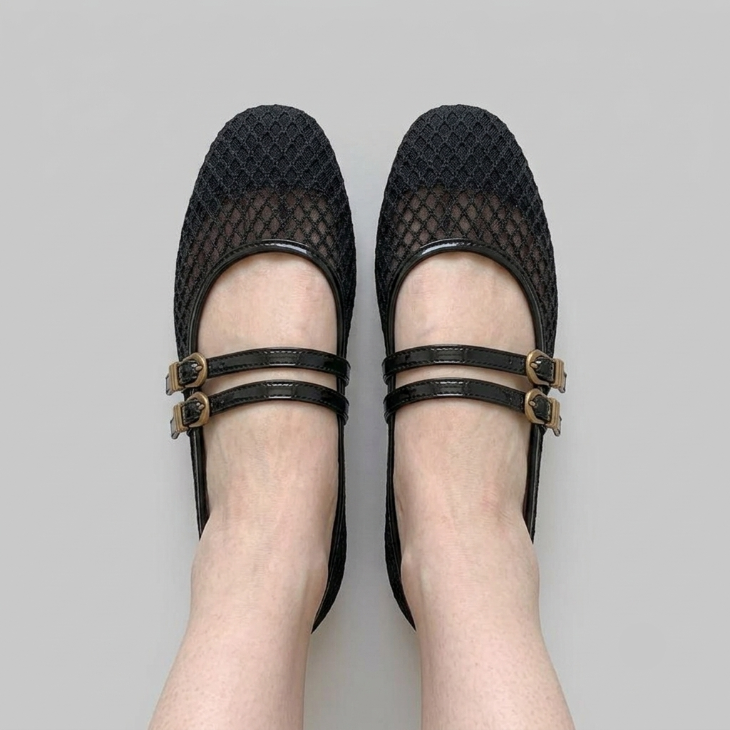 NORVK | Black Classic Double Strap Mesh Mary Jane Ballet Shoes