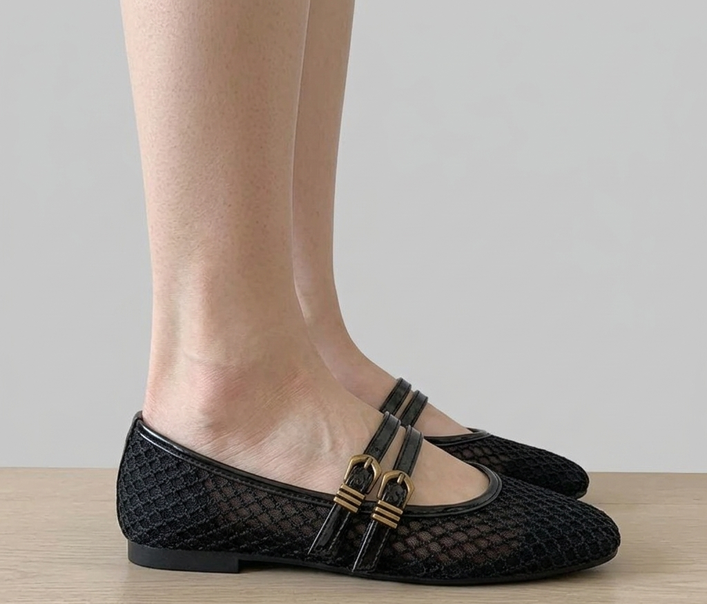 NORVK | Black Classic Double Strap Mesh Mary Jane Ballet Shoes