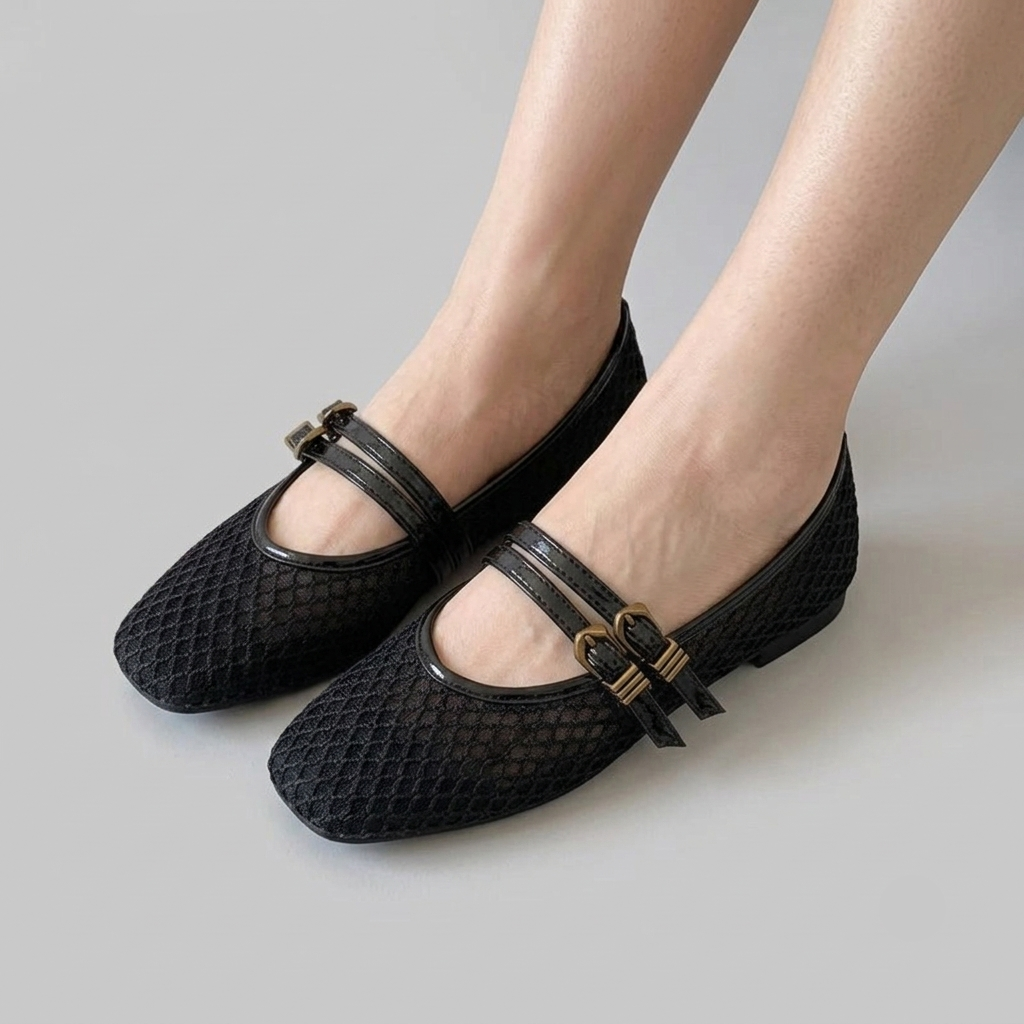 NORVK | Black Classic Double Strap Mesh Mary Jane Ballet Shoes