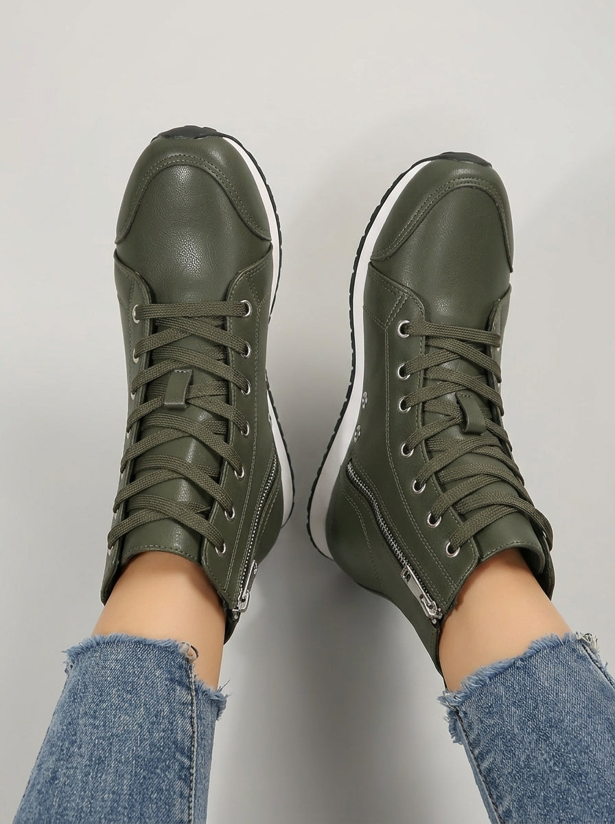 Amabel | Women’s High-Top Casual Boots – Lace-Up Round-Toe Ankle Boots with Side Zipper