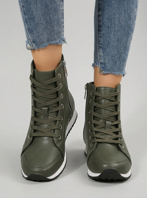 Amabel | Women’s High-Top Casual Boots – Lace-Up Round-Toe Ankle Boots with Side Zipper