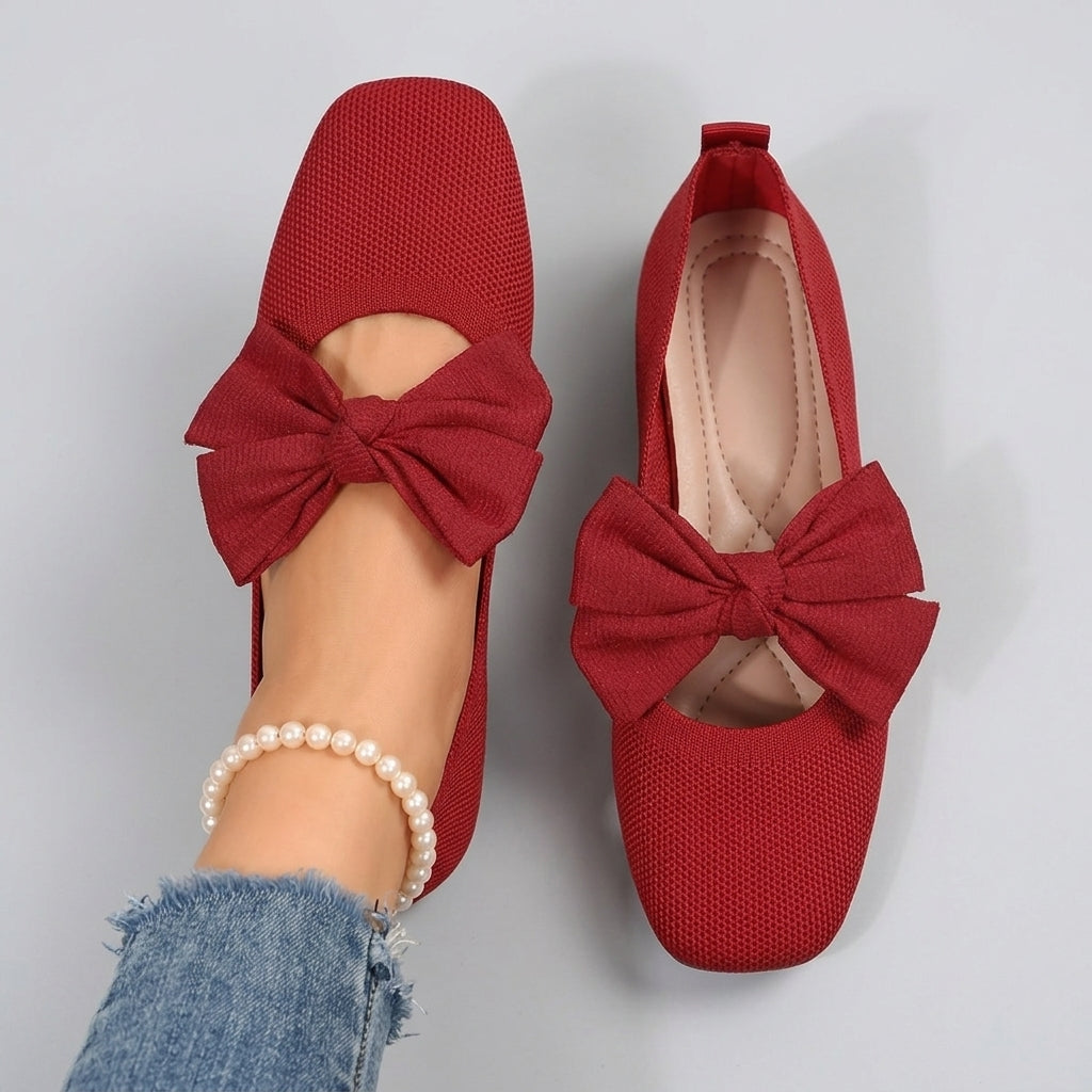 Annalise | Women’s Mary Jane Flat Shoes –Square Toe, Slip-On Design & Bow Detail
