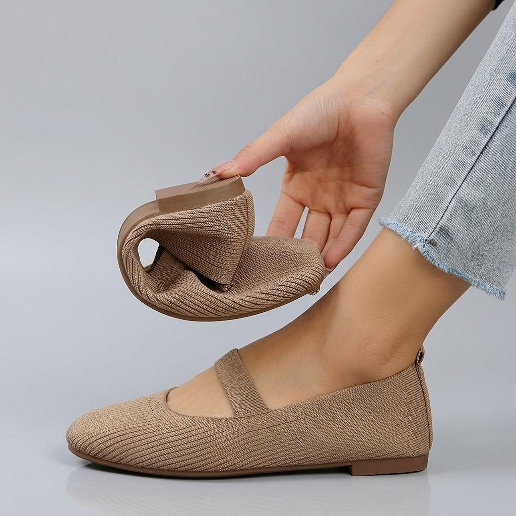 Andrea | Women’s Elegant Square-Toe Flats – Slip-On Knit Fabric Shoes with Straight Strap