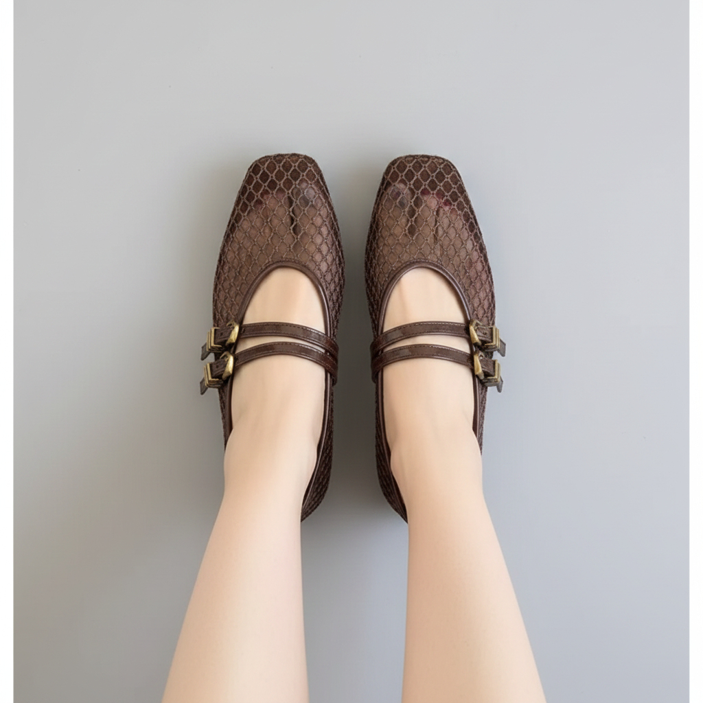 NORVK | Brown Classic Double Strap Mesh Mary Jane Ballet Shoes