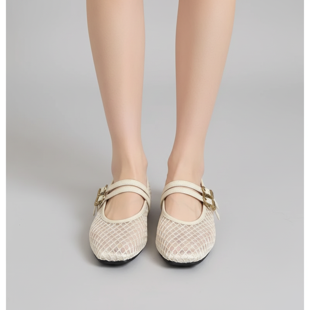 NORVK | Beige Classic Double Strap Mesh Mary Jane Ballet Shoes