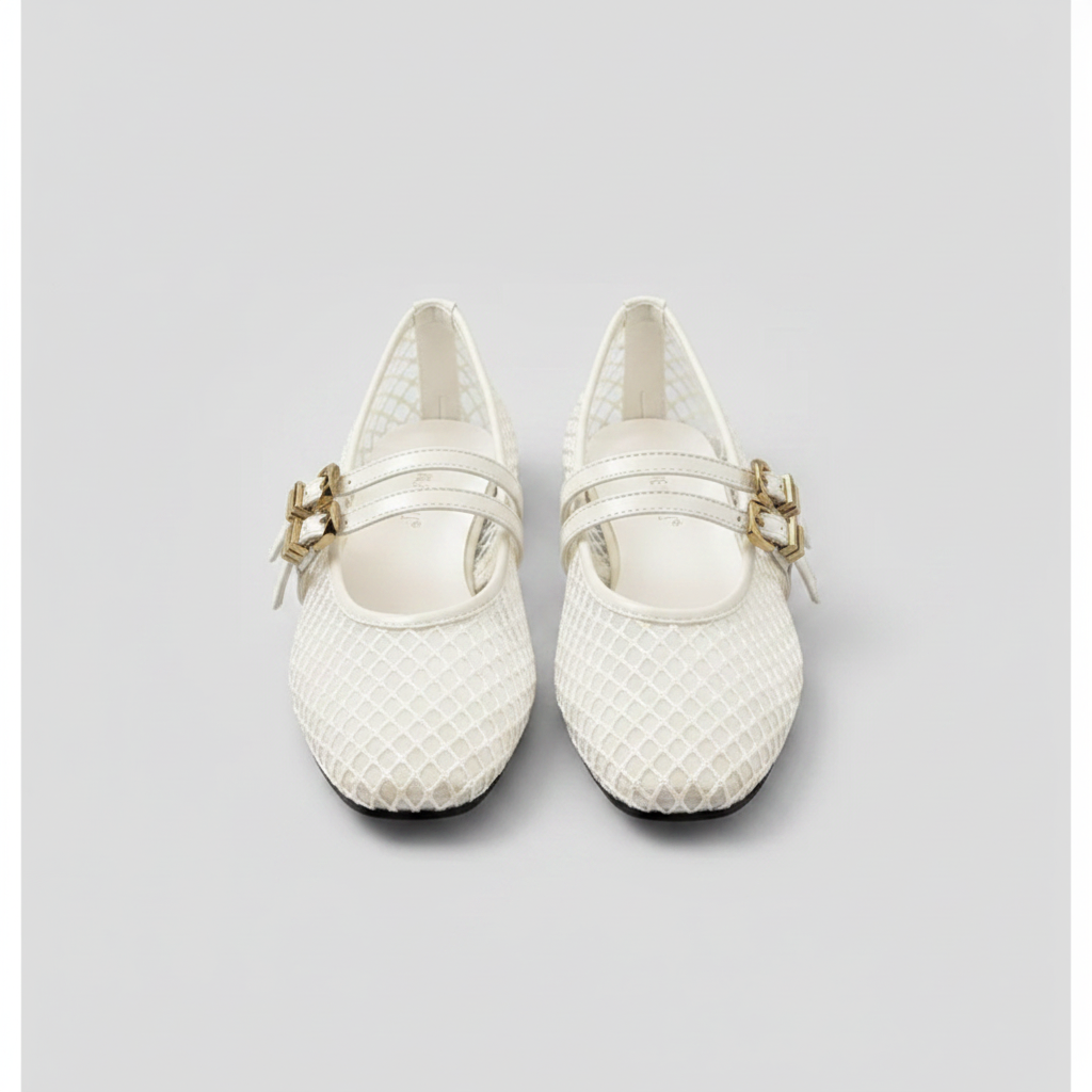 NORVK | Beige Classic Double Strap Mesh Mary Jane Ballet Shoes