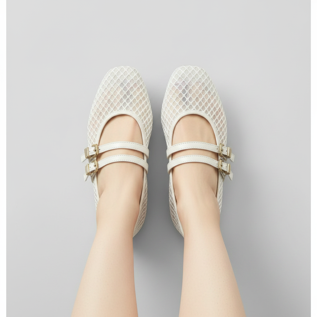 NORVK | Beige Classic Double Strap Mesh Mary Jane Ballet Shoes