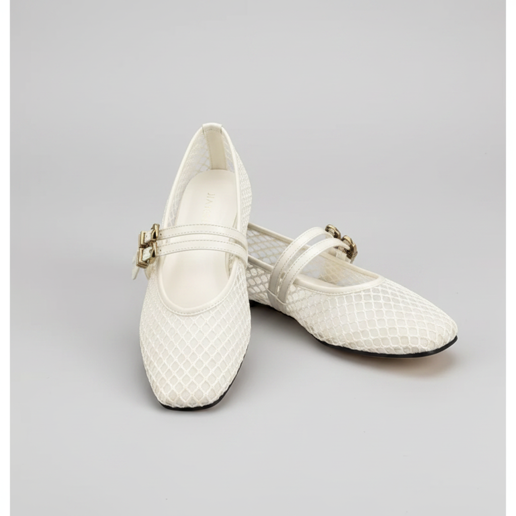NORVK | Beige Classic Double Strap Mesh Mary Jane Ballet Shoes