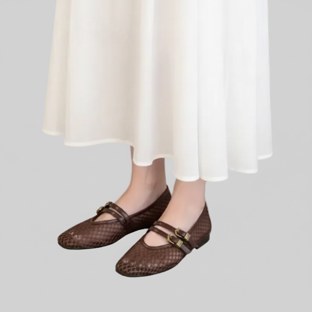 NORVK | Brown Classic Double Strap Mesh Mary Jane Ballet Shoes