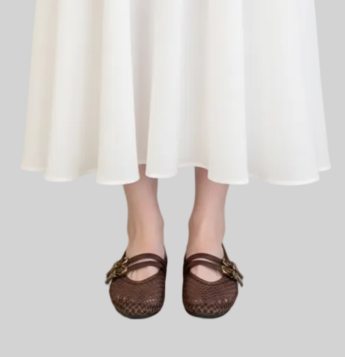 NORVK | Brown Classic Double Strap Mesh Mary Jane Ballet Shoes