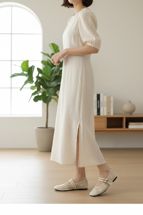 NORVK | Beige Classic Double Strap Mesh Mary Jane Ballet Shoes